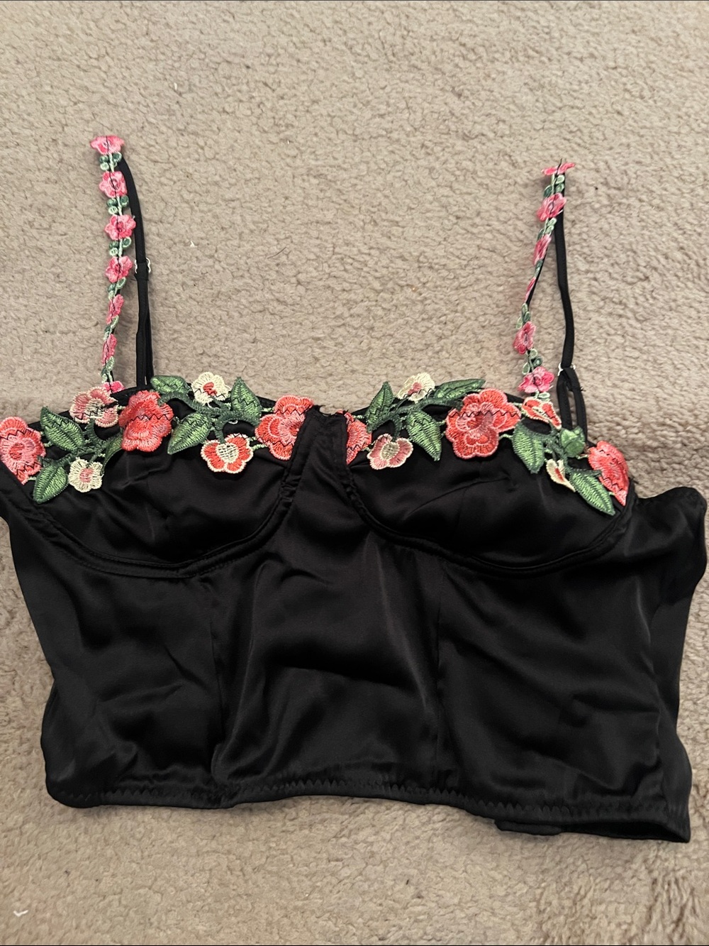 SHEIN Black Satin Floral-Embroidered Cami